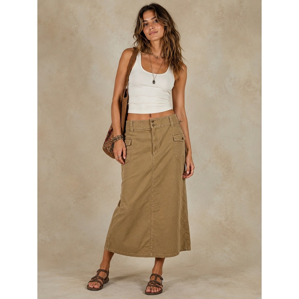 Lizwear Jeans Tan Corduroy Cargo Maxi Skirt Khaki Utility Straight Slit Size 14
